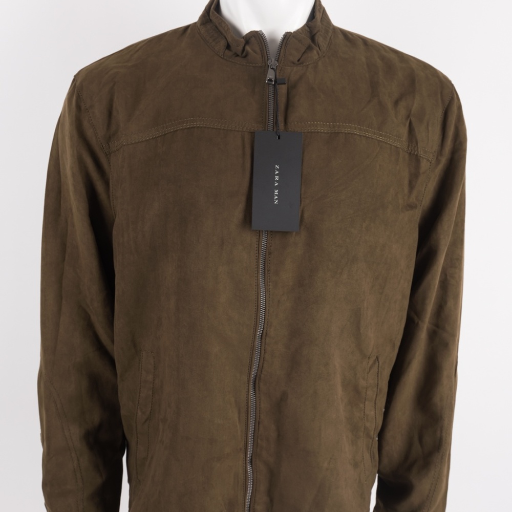 Zara Man Faux Suede Bomber Jacket Coat Army Green